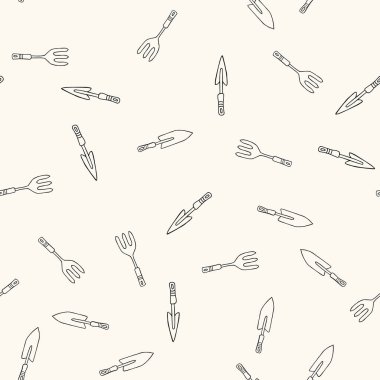 Bahçe galerisi ve tırmık ile kusursuz vektör deseni, bahar çizimi, el çizimi bahçe aracı dokusu