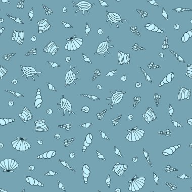 Kusursuz vektör deniz yaşam biçimi, karalama el çizimi deniz kabuğu arka plan, deniz dokusu, okyanus deniz kabuğu çizimi