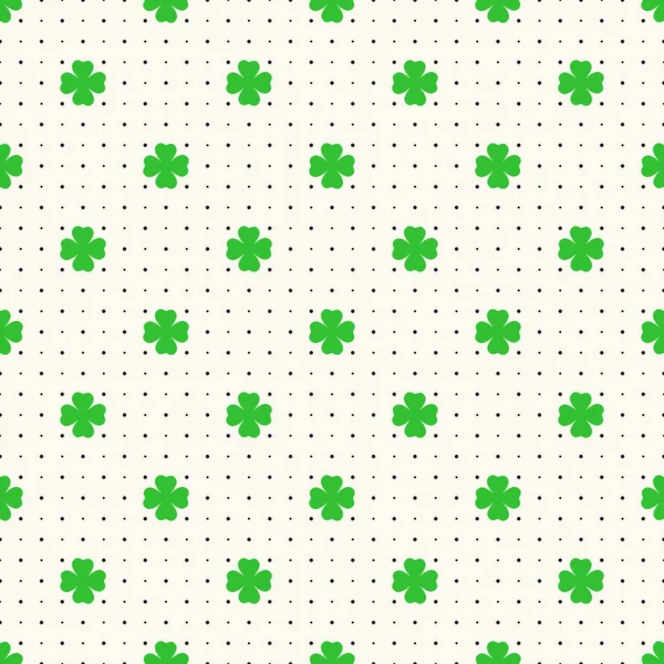 Saint Patrick dag vector naadloos patroon met shamrock bladeren en polka dot, geometrische silhouet klaver achtergrond. Bloemen illustratie kan worden gebruikt als textuur, print, digitaal papier — Stockvector