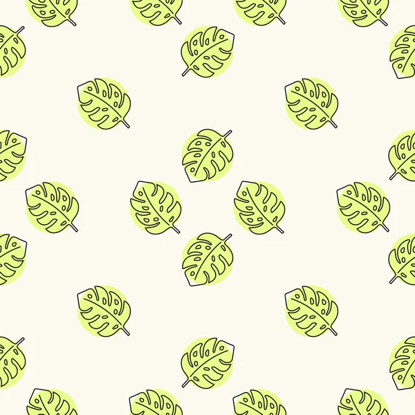 Seamless vector floral pattern with monstera leaves, green polka dot backdrop. Tropical exotic background in doodle style. — Stock Vector