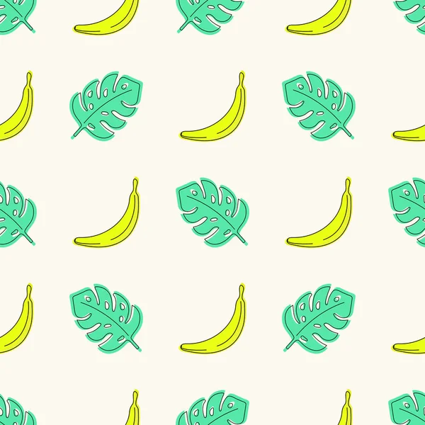 Seamless vector geometric floral pattern with green monstera leaves and yellow bananas. Tropical exotic background in doodle style. — Stock Vector