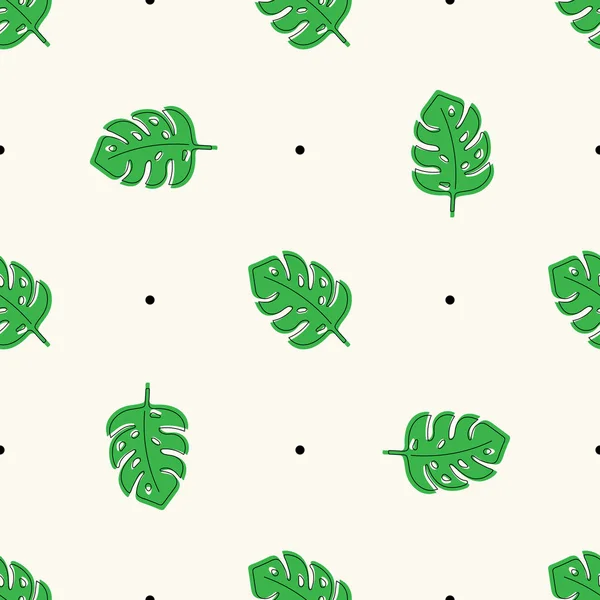 Naadloze vector geometrisch bloemmotief met groene monsterabladeren en stippen. Tropische exotische achtergrond in doodle stijl. — Stockvector