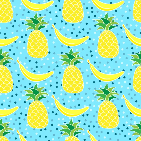 Seamless vector pattern with handdrawn doodle pineapples and bananas. Tropical illustration with exotic fruits on blue background with polka dot. — Stock Vector