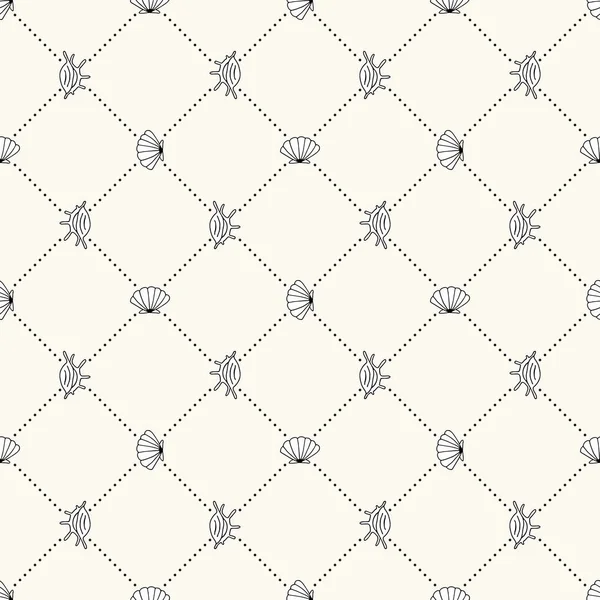 Vecteur sans couture vie marine monochrome motif géométrique avec coquillages et lignes pointillées, fond de coquillage dessiné à la main doodle, texture marine, illustration de poisson de mer océan — Image vectorielle