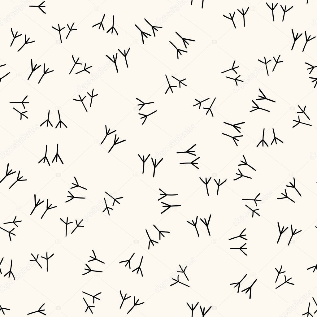 Seamless vector pattern with trace of bird paws, chicken footprints in handdrawn doodle style. Bird steps background