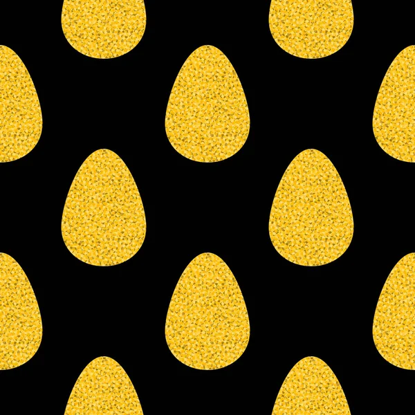 Seamless easter vector pattern with big flat eggs in golden glitter on black background, shine gold sprinkles effect texture — Stock Vector