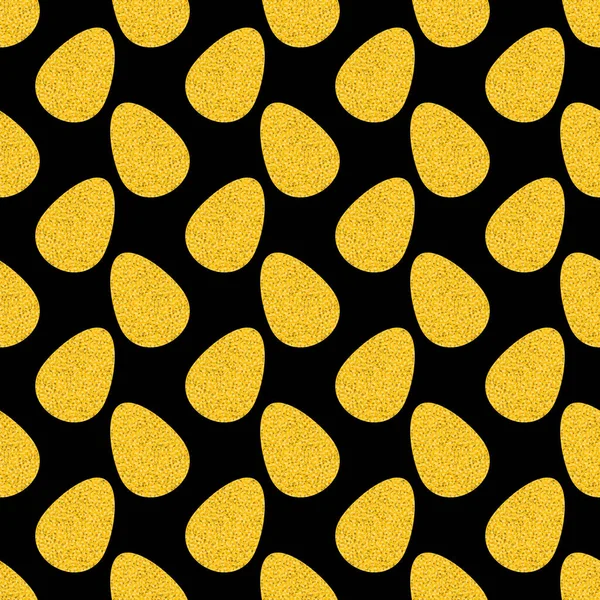 Modello vettoriale pasquale senza cuciture con grandi uova piatte in glitter dorato su sfondo nero, brillare oro spruzza texture effetto — Vettoriale Stock