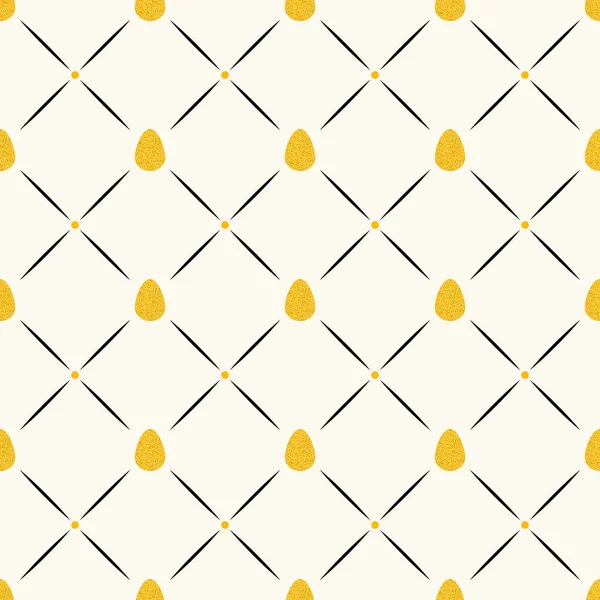 Patrón de vector de Pascua sin costuras con huevos planos y pequeños círculos en brillo dorado y líneas, brillo oro espolvorea textura efecto . — Vector de stock