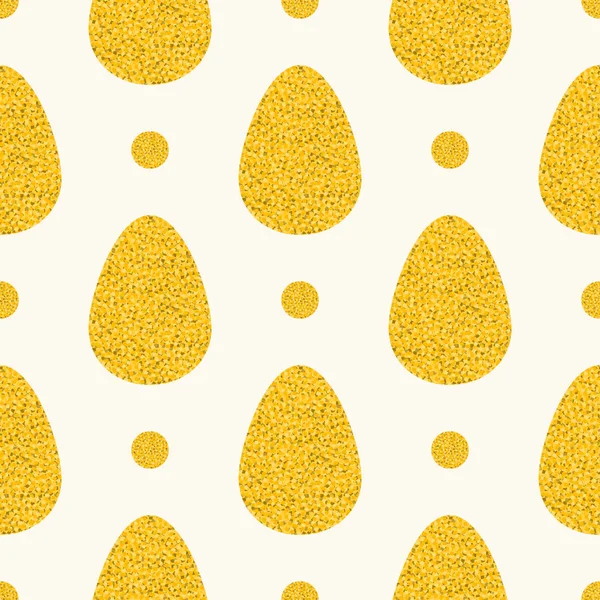 Patrón de vector de Pascua sin costuras con grandes huevos planos y pequeños círculos en brillo dorado sobre fondo claro, brillo oro espolvorea textura efecto — Vector de stock