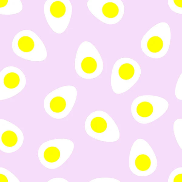 Seamless vector pattern with sliced boiled eggs, halfs of chicken eggs on purple background — Stock Vector