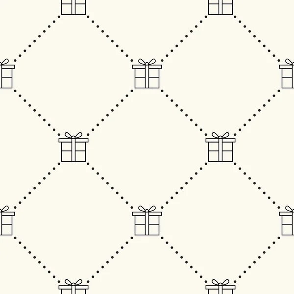 Naadloze geometrische vector patroon met platte geschenkdoos pictogrammen met polka stip. Wikkel doos met lint herhaalbare illustratie in monochroom. Eenvoudige achtergrond met huidige vakken. — Stockvector