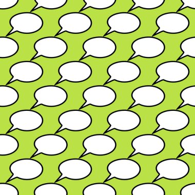 Yeşil arkaplanda karalama boş bilgi baloncuğu simgeleriyle kusursuz vektör geometrik desen. Düz stil ile pop sanat illüstrasyonu