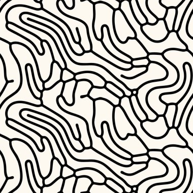 Kusursuz vektör soyut deseni, yuvarlak düzensiz çizgiler, doğadan esinlenilmiş. Organik bileşik şekiller. Monokromda modern tekrarlanabilir arkaplan.