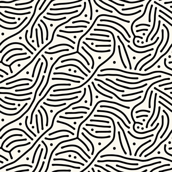 Naadloze vector abstract patroon met lijnen en stippen in monochroom. Achtergrond van herhaalbare organische afgeronde vormen geïnspireerd door de natuur, natuurlijke doolhof textuur. — Stockvector