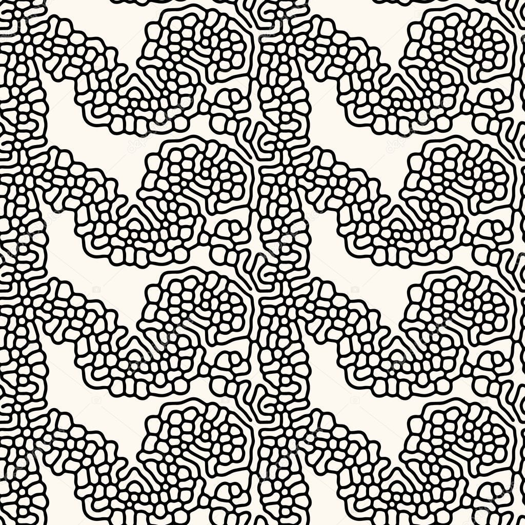 Seamless vector abstract pattern with rounded irregular compound lines and small circles, inspired by nature. Modern repeatable background in monochrome.
