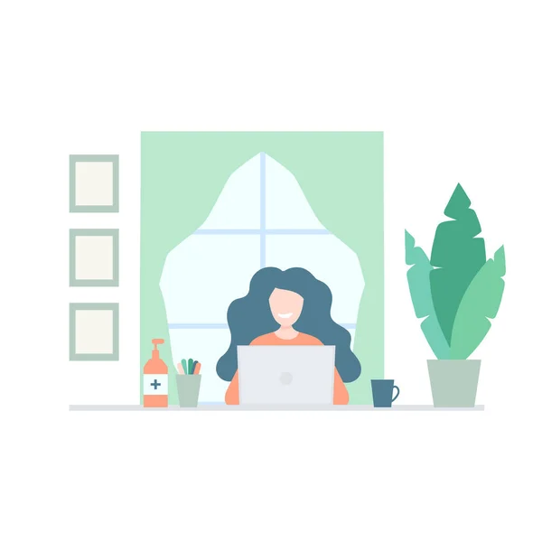 Mujeres felices trabajando en casa con laptop. Concepto de oficina en casa durante la cuarentena del coronavirus. Personaje independiente femenino sentado cerca de la ventana con botella de gel antibacteriano en su escritorio . — Vector de stock