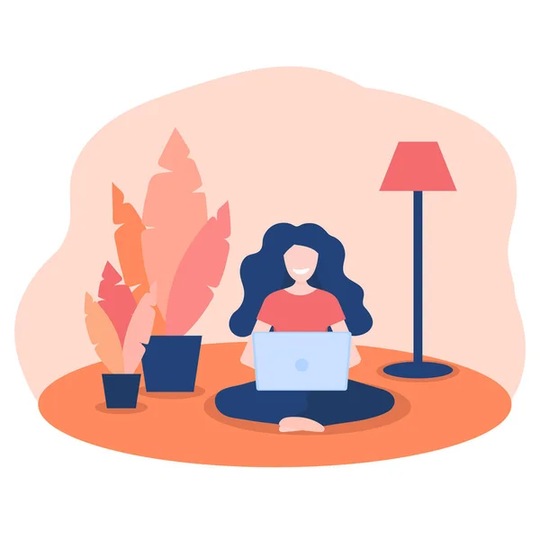 Happy women working at home with laptop in comfortable position. Concept of home office during coronavirus quarantine. Female freelance character sitting in yoga pose at carpet near plants in pots. — Stock Vector