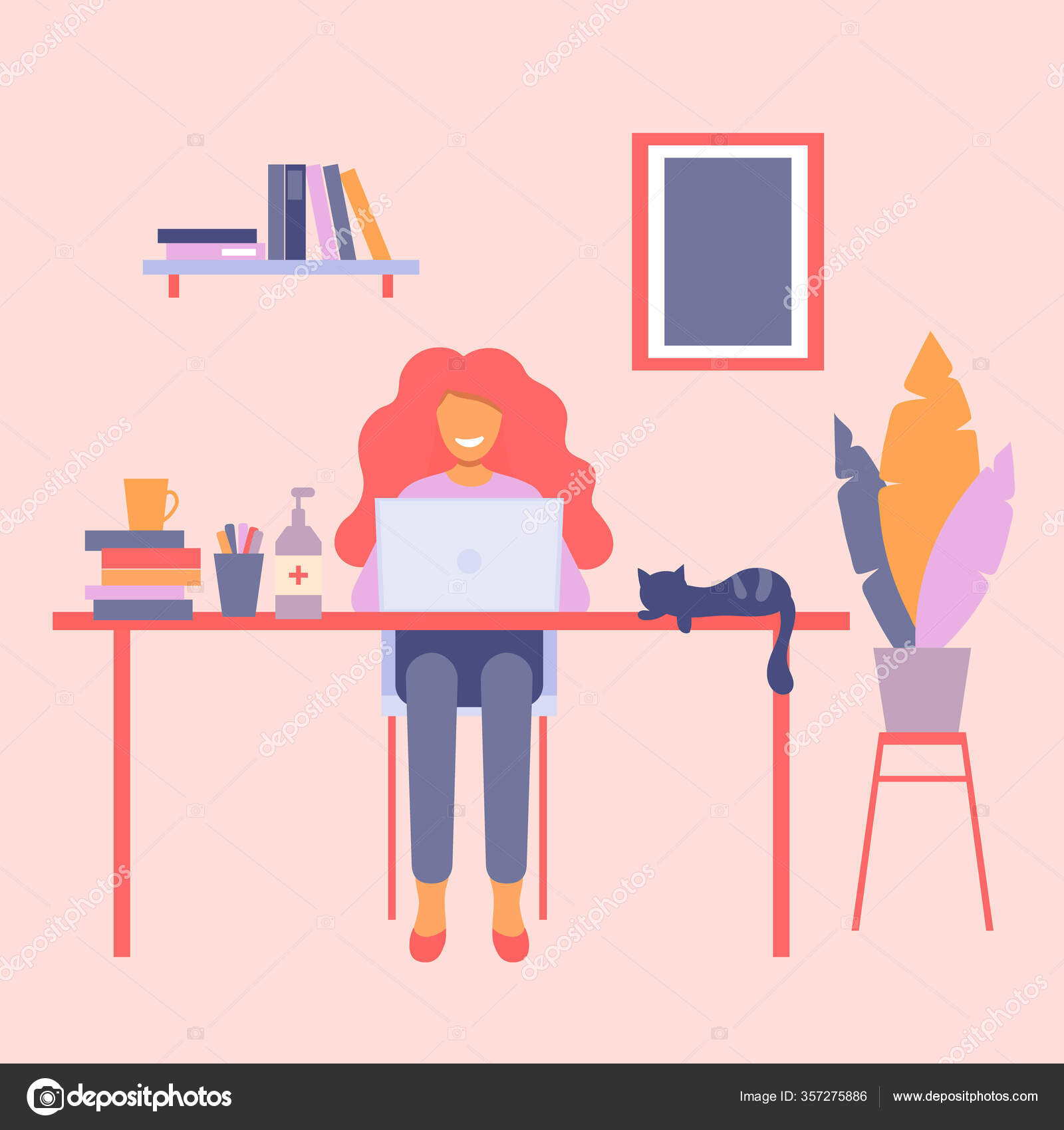 Happy woman working with her cat at home during coronavirus quarantine.  Female freelance character sitting behind desk with laptop. Concept of home  office, working, online education, stay at home. Stock Vector by ©, image size:1600x1700