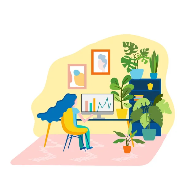 Freelance mulher trabalhando on-line no computador, feminino sentado em uma cadeira atrás da mesa no interior acolhedor com muitas plantas de sala. Conceito de trabalho em casa durante a quarentena. Ilustração vetorial plana — Vetor de Stock