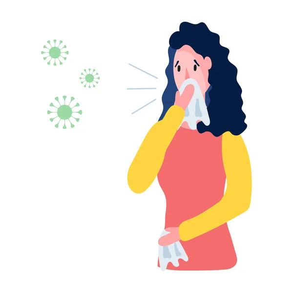 Vector platte medische illustratie. Vrouw voelt zich onwel, niezen en coronavirus iconen vliegen in de lucht in de buurt van haar hoofd. Concept van virusinfectie. Waarschuwingsspandoek met symptoom van griep of kou. — Stockvector