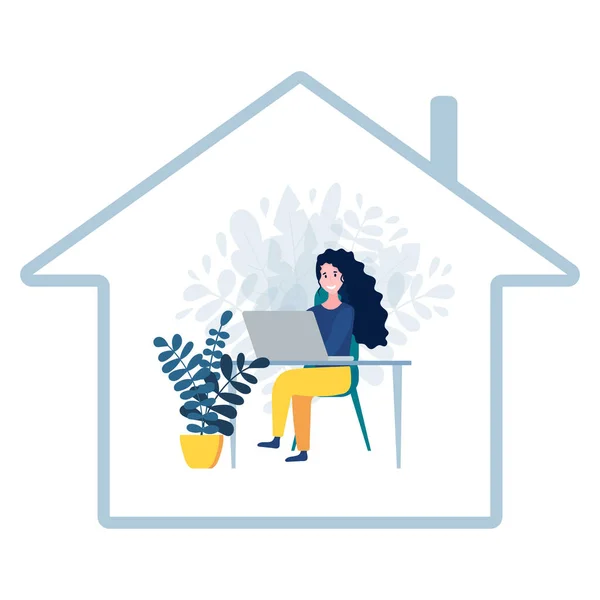Concept of home office during quarantine. Happy woman working on laptop inside house icon. Female freelance character sitting behind desk near houseplant. Stay at home. Vector flat illustration — Stock Vector
