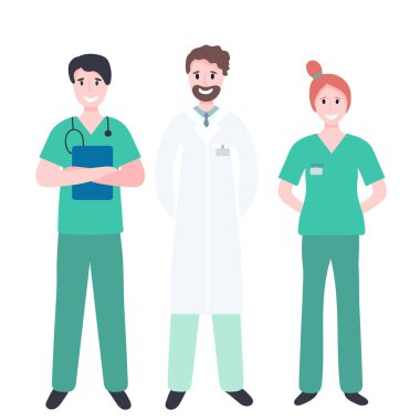 Doktor, hemşire, cerrah, terapist, hekim. Hastane personelinin beyaza izole edildiği düz vektör çizimi. Coronavirüsü durdurmak için tıbbi konsept.