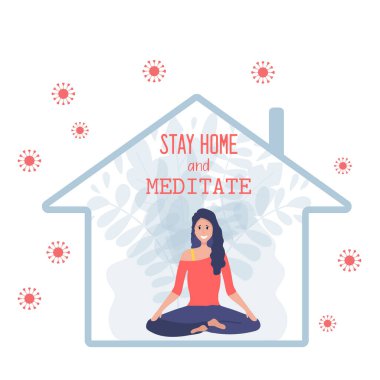 Mutlu bir kadın nilüfer çiçeğinin içinde poz veriyor. Dışarıdaki kovid-19 tabelalarıyla. Evde kal ve meditasyon yap. Koronavirüs karantinası sırasında yoga aktivitesi kavramı. Vektör düz resimleme.