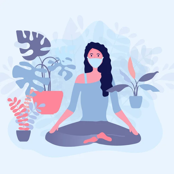 Frau in medizinischer Maske posiert in einer Lotus-Pose neben Zimmerpflanzen. Bleiben Sie zu Hause und unternehmen Sie Dinge in der Isolation. Konzept der Yogaaktivität während der Coronavirus-Quarantäne. Vektorflache Illustration. — Stockvektor