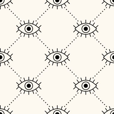Kusursuz vektör geometri deseni, kirpikli açık gözler ve benekli noktalar. Tekstil, ağ, baskı, arkaplan için modern mistik arkaplan