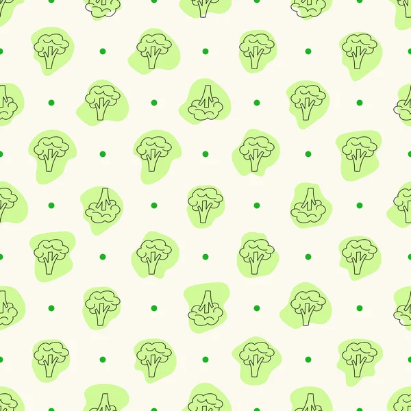 Vector naadloos geometrisch patroon met doodle brocolli icoon op groene vlekken met polka stip. Met de hand getekend illustratie voor een gezonde levensstijl concept. Eco-plantaardige maaltijd achtergrond. — Stockvector