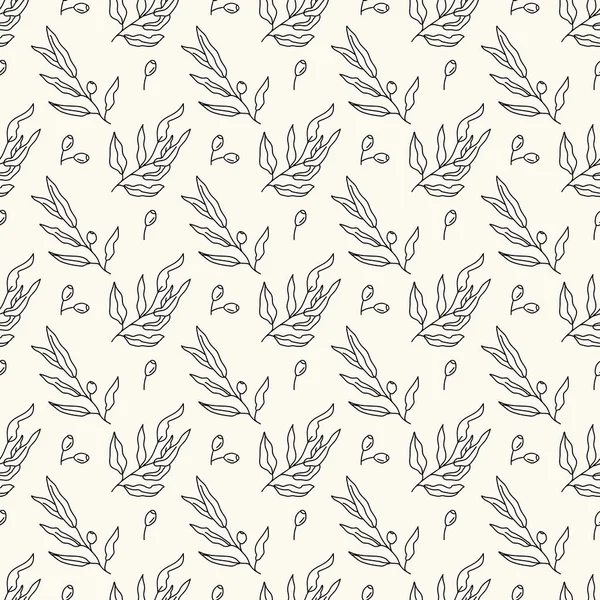 Vector naadloos geometrisch patroon met olijfboomtakken en olijven in doodle stijl. Handgetekende liner olijven achtergrond. Bloemen behang voor prints, textiel, webpagina 's, digitale papieren — Stockvector