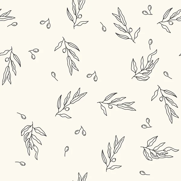 Vektornahtloses Muster mit Olivenzweigen und Oliven im Doodle-Stil. Handgezeichnete Liner Oliven Hintergrund. Florale Tapeten für Drucke, Textilien, Webseiten, digitale Papiere — Stockvektor