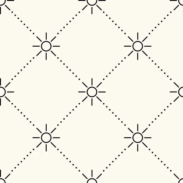 Vektornahtloses geometrisches Muster mit Sonnensymbolen und Tupfen. Moderner monochromer Hintergrund für Textilien, Tapeten, Digitalpapier, Packpapier, Webdesign und Drucke. — Stockvektor