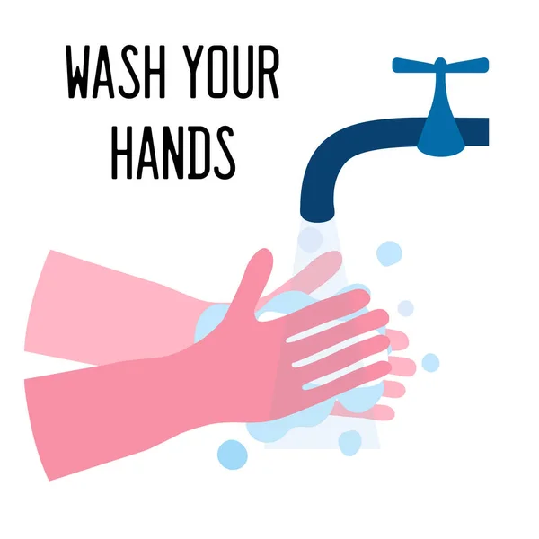 Händewaschen mit Seife unter Wasser, das aus dem Wasserhahn fällt. Waschen Sie sich die Hände. Coronavirus-Präventionskonzept. Flache Vektordarstellung, isoliert auf weiß. — Stockvektor