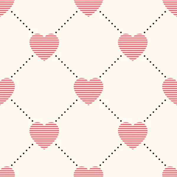 Patrón geométrico vectorial sin costuras con corazones rayados y lunares. Fondo romántico para San Valentín, Día de la madre, boda. Lindo estampado femenino — Vector de stock