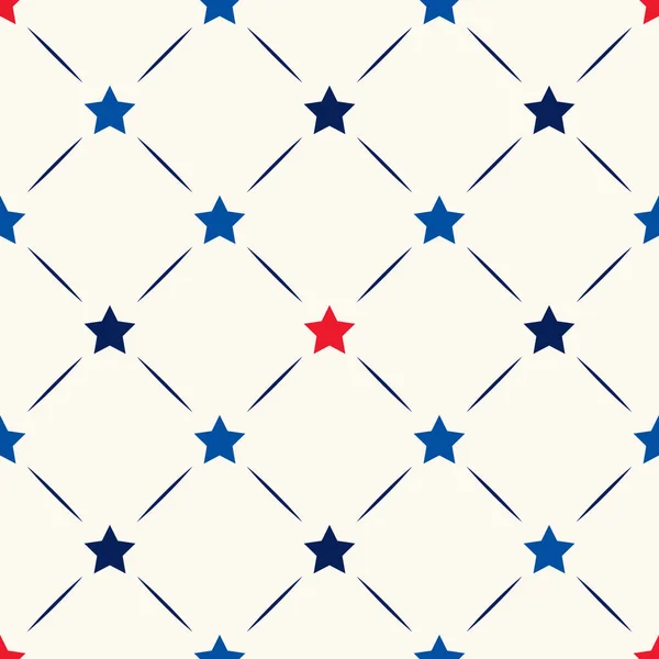 Бесшовный векторный геометрический узор с красными и синими звёздами и линиями. С Днем Независимости. Фон 4 июля для поздравительных открыток, праздничных баннеров, этикеток, распечаток, веб-страниц — стоковый вектор