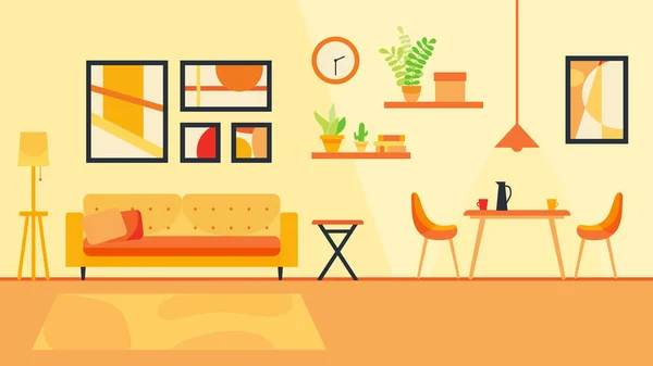 Moderní útulný obývací pokoj a jídelna s pohodlnou pohovkou, židle a stůl v teplých barvách. Skvělé místo pro pobyt doma během karantény. Vektorová ilustrace plochého stylu. — Stockový vektor