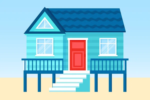 Flat vector tropical illustration of beach hut on sandy sea side lanscape. Concept of summer vacation in surfhouse. Beach cabin on stilts — Stock Illustration Flat vector tropical illustration of beach hut on sandy sea side lanscape. Concept of summer vacation in surfhouse. Beach cabin on stilts Vector Graphics