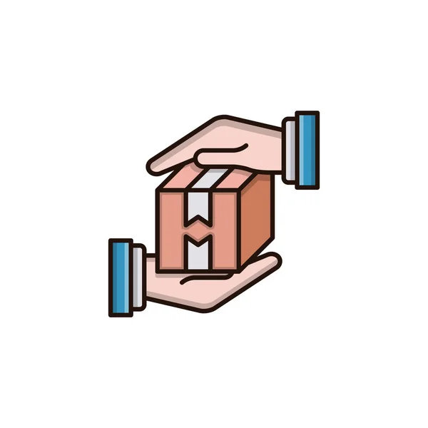 Hand Holding Box Met Rood Lint Vector Illustratie Ontwerp — Stockvector