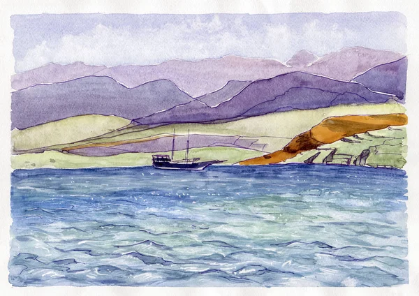 Dağlar ve yelkenli gemi