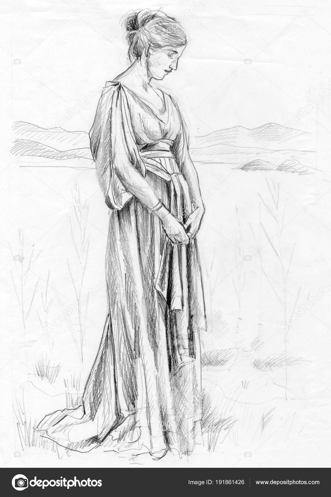 Pencil Drawing Realistic Woman Portrait Fashion Illustration
