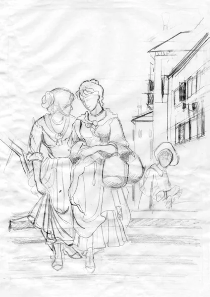 İki kadın kasaba halkı çizimler