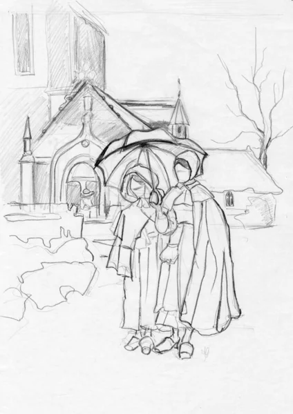 Çizimler şemsiyesi altında iki kız