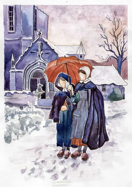 Suluboya şemsiyesi altında iki kız