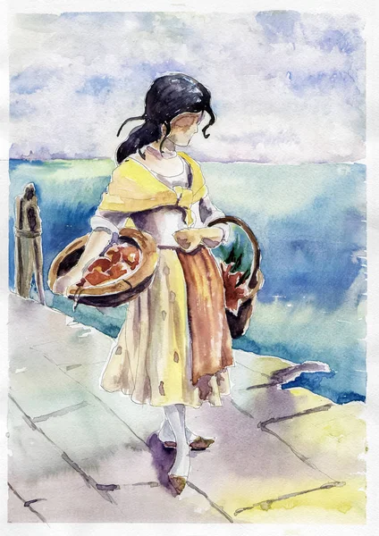 Menina Cabelos Pretos Com Cestas Watercolor — Fotografia de Stock