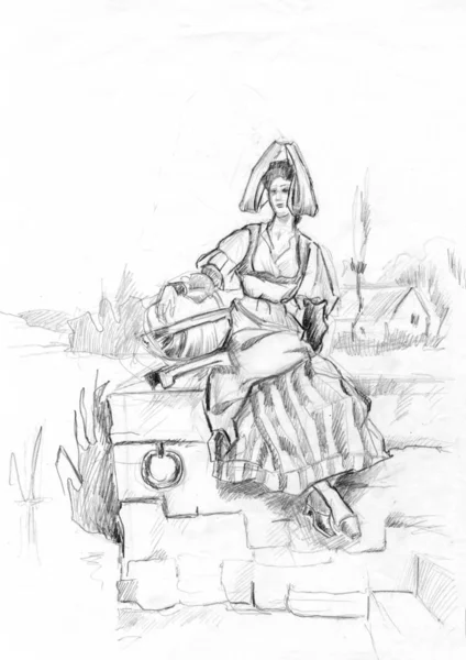 Sepet çizimler kızla oturan