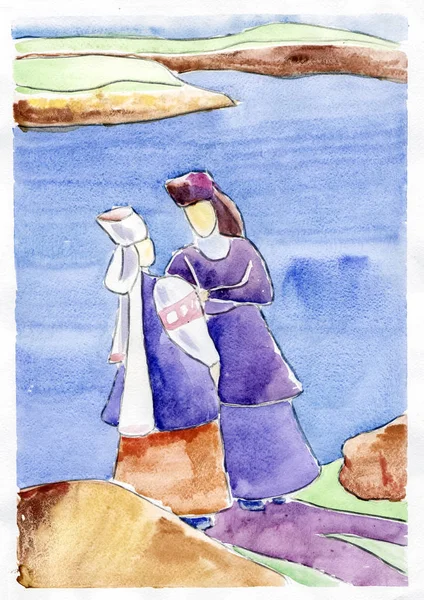 Sahilde suluboya iki Bayan