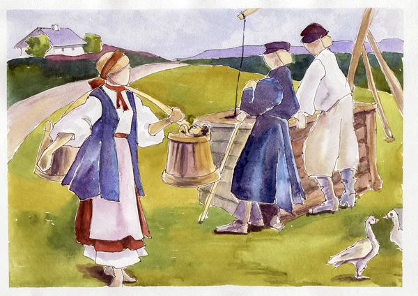 Kırsal yaşam suluboya resim