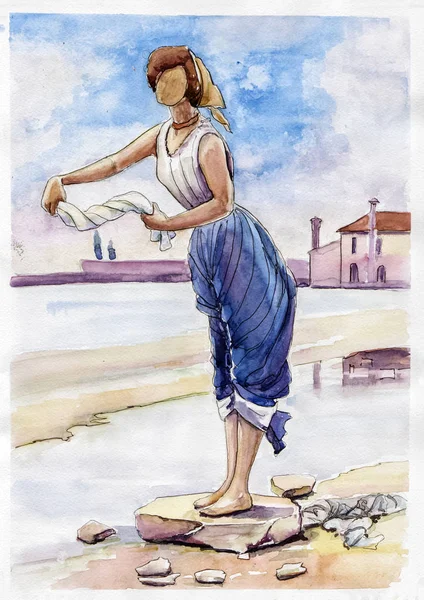 Nehir Çamaşırhane suluboya resim