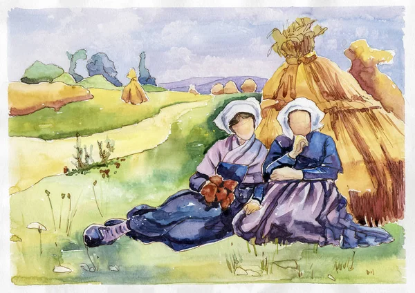 The Picnic in the field Watercolor painting